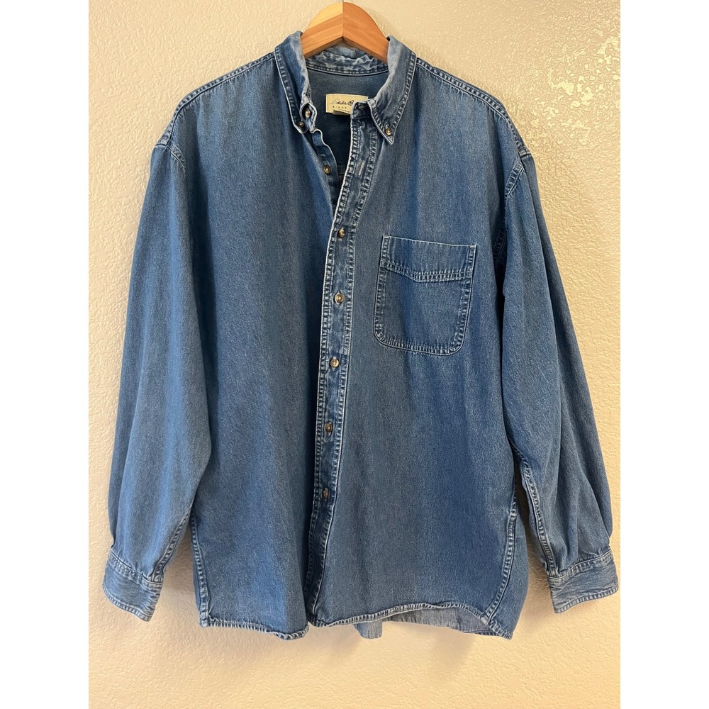 VTG Eddie Bauer XL Denim Shirt Long Sleeve Button Down Blue Cotton Medium Wash